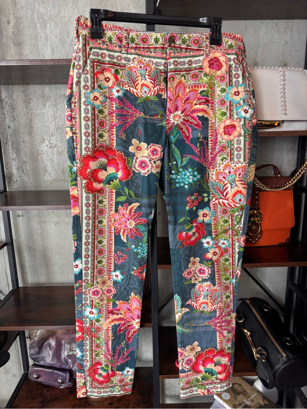 Johnny Was Teal Multi Floral Border Straight-Leg Pants Size 8 NWOT